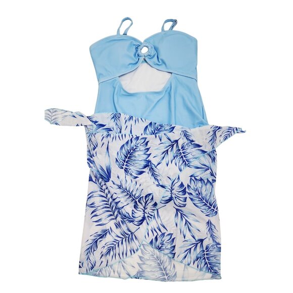 Girls Blue One-Piece Swimsuit With Tropical Leaf Sarong Wrap Size 13 -14 y - Picture 3 of 4